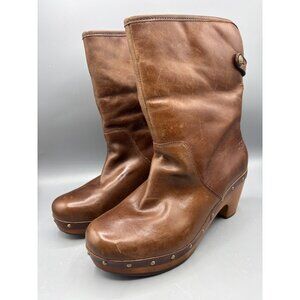 UGG Womens Boots‎ 7 Lynnea Brown Leather Mid Calf Heeled Clog Boots